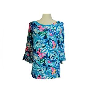 Lilly Pulitzer Fontaine Blue/Pink Floral Blouse Women’s Size M Trumpet Sleeves